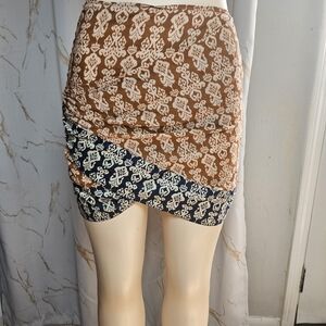 Zara Brown and Navy Patterned Wrap-Style Mini Skirt